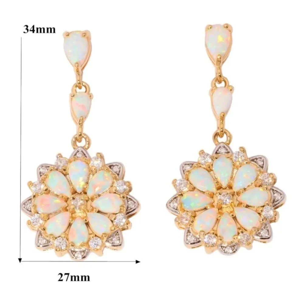 18K Yellow Gold 925 Sterling Silver with White Fire Opal and CZ Flower Earrings